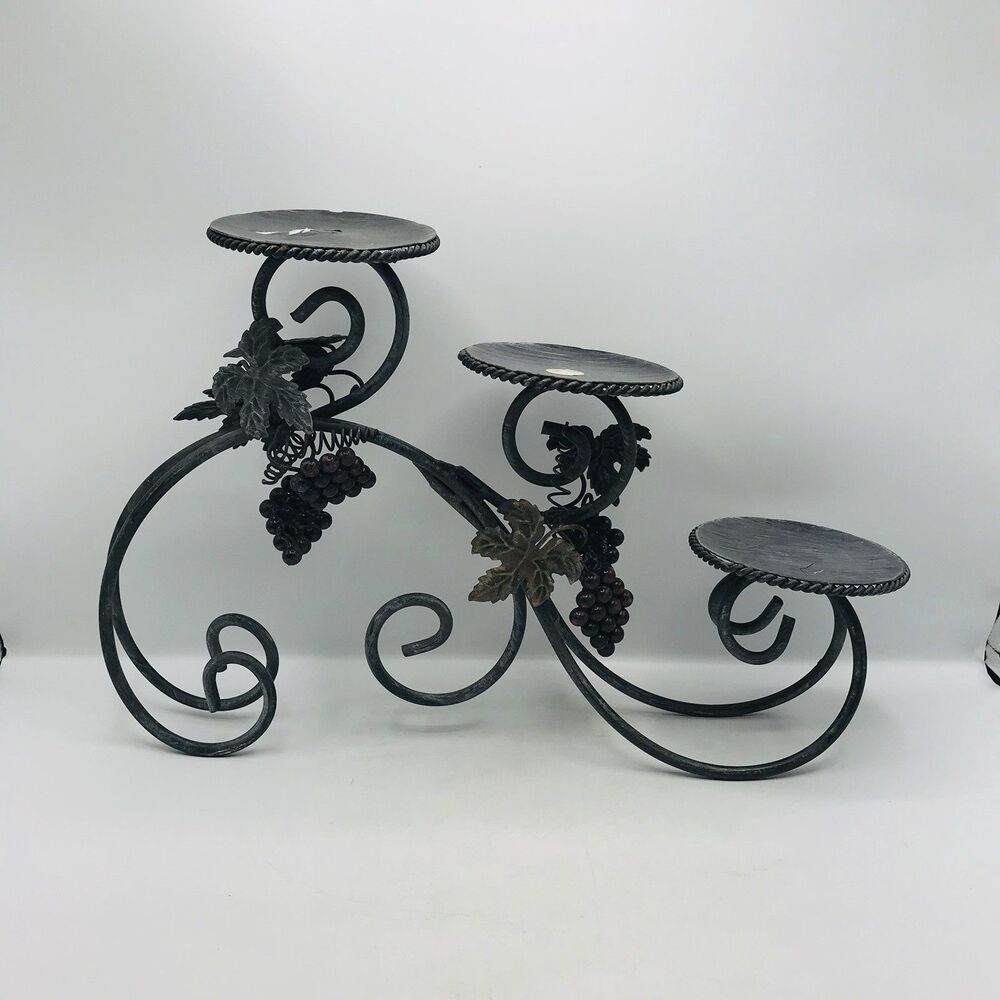3 Candelabra Black/Gray Grape Wrought Iron Metal Twist Candle Holder 16x10.5x4.5